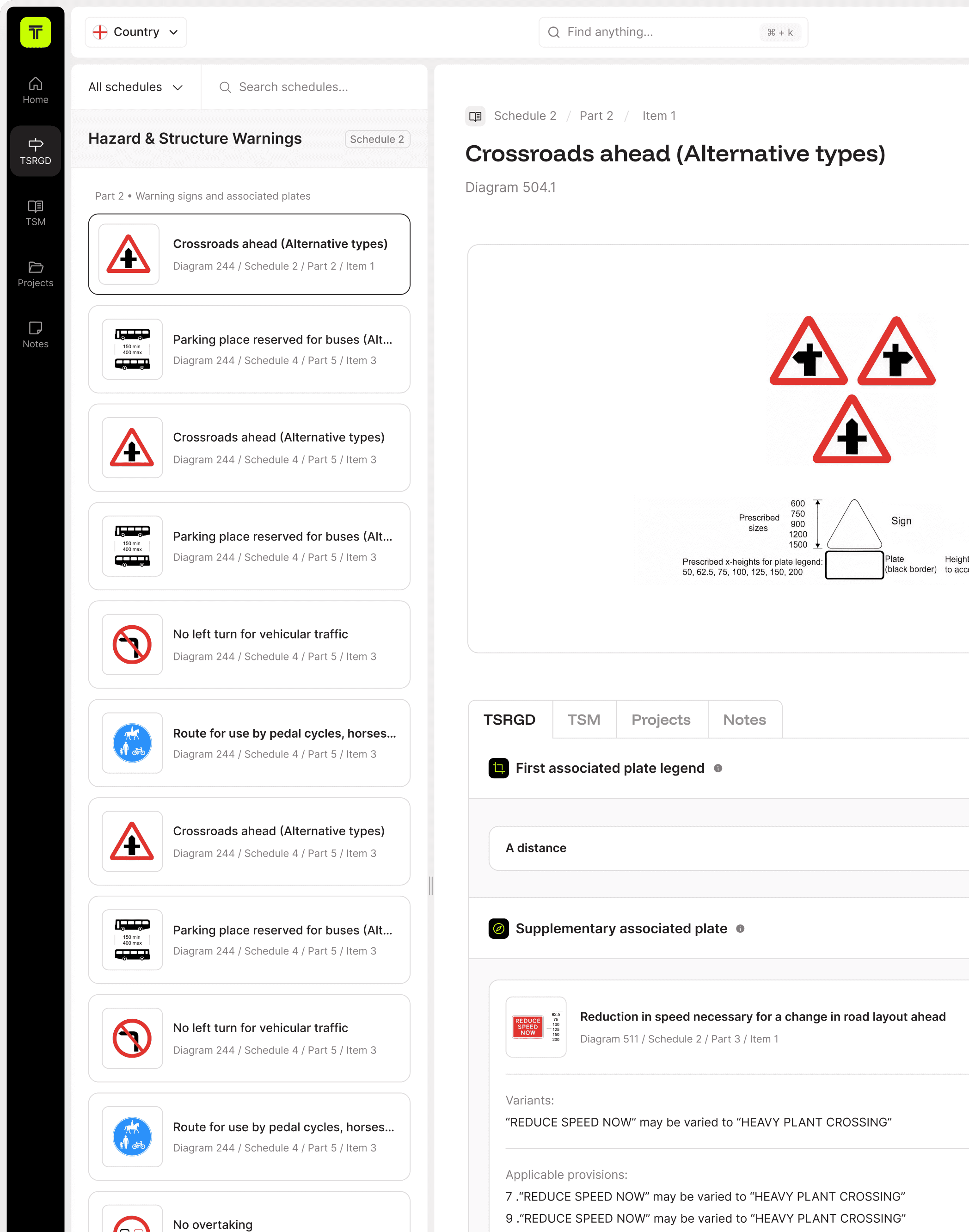 TSRGD application dashboard showing traffic sign diagrams, navigation, and search.