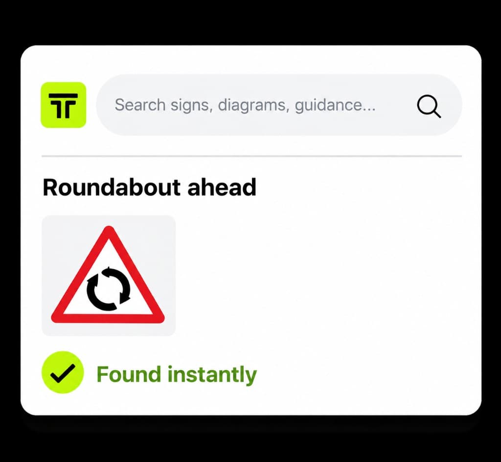 TSRGD search showing a roundabout ahead sign result found instantly.