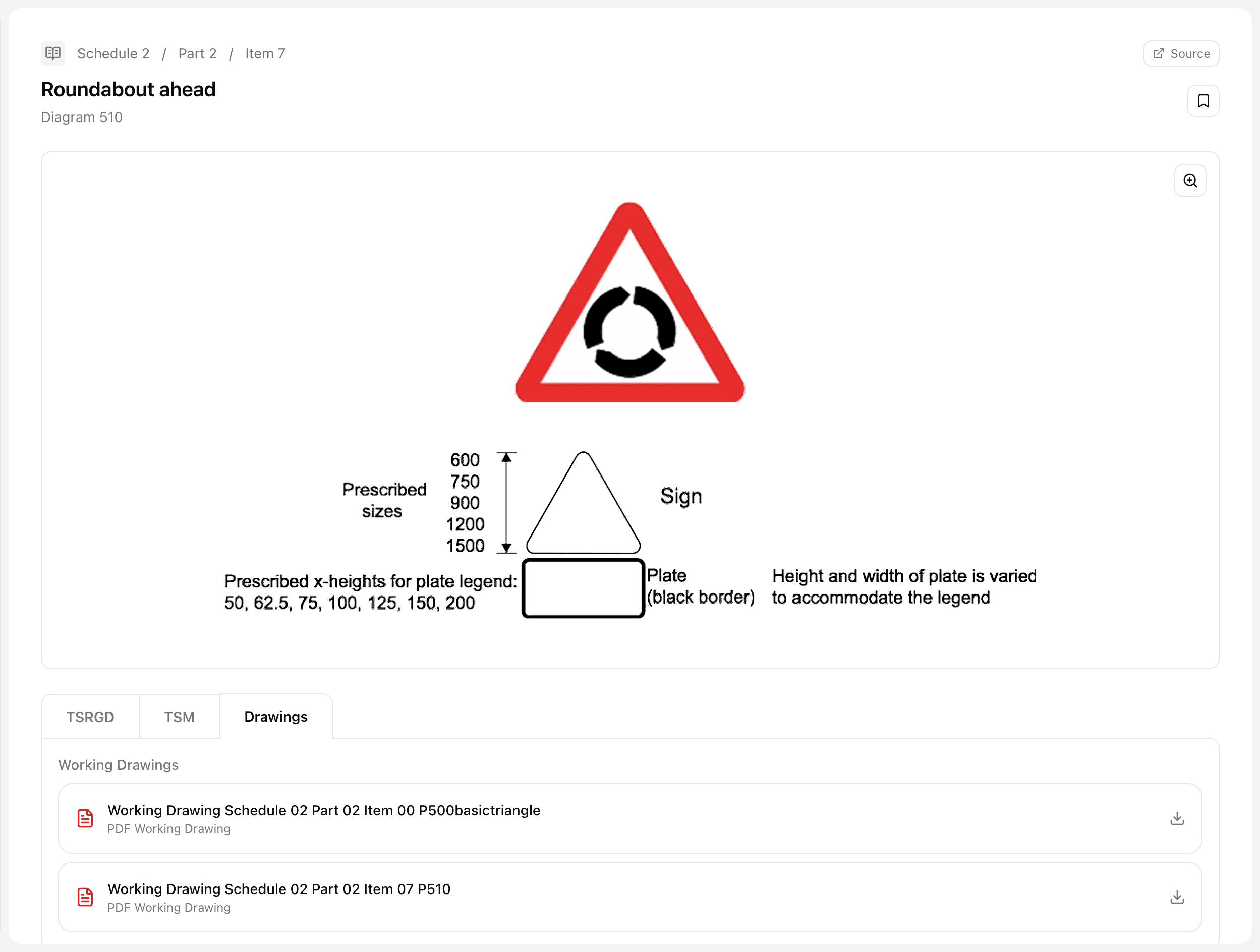 Diagram detail page with sign artwork, prescribed sizes, and working drawing downloads.