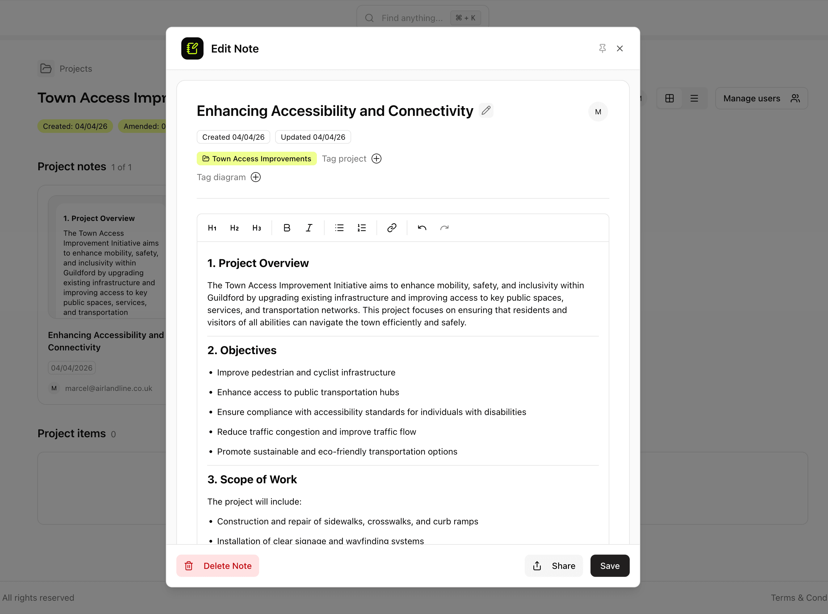 Edit note dialog with rich text toolbar on a project in TSRGD.